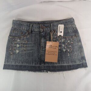 Plastic by Gly Denim Jean Mini Skirt NEW S Small Sequin Blue Distressed NWT